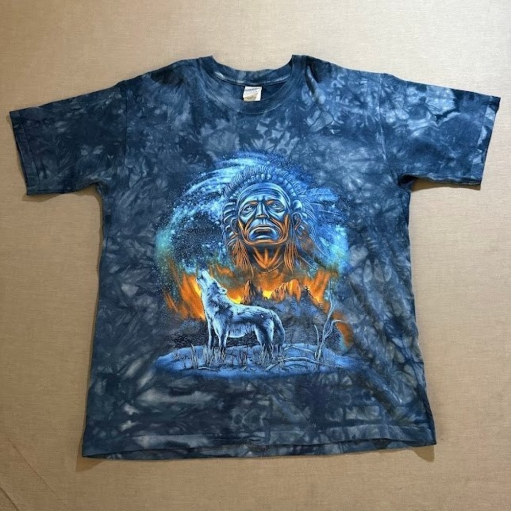 The Mountain Native American Chief Howling Wolf Tie Dye Tee L Blue Short Sleeve